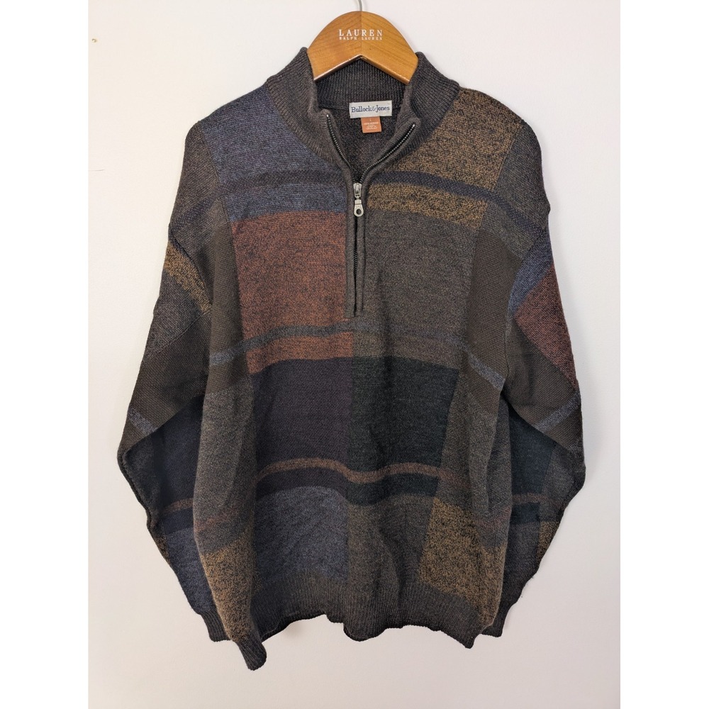 Vtg Bullock & Jones 100% Merino Wool Sweater Men's Large 1/4 Zip Block Plaid